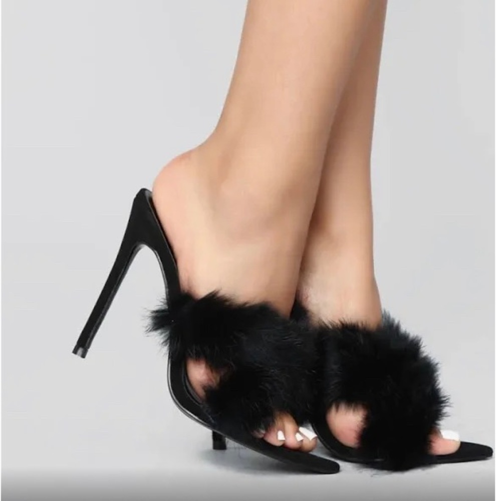 Black Slip on furry heeled Sandals